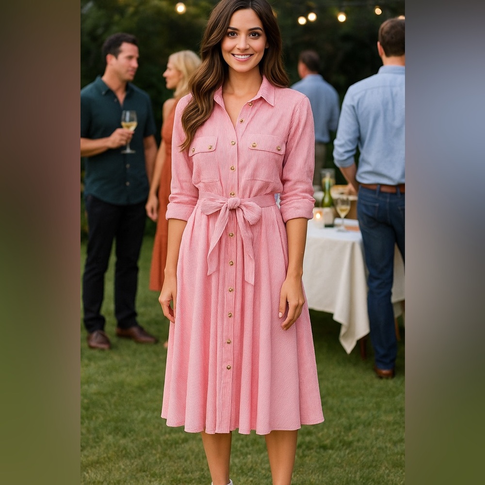 🌸 Free People Pink Striped Button-Front Shirt Dress‎ - Small, Old Money